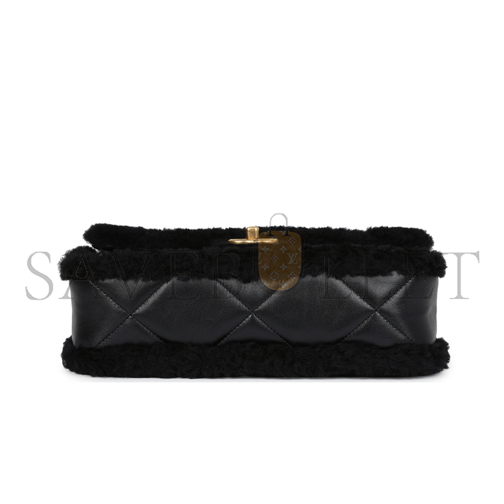 CHANEL MEDIUM SHEARLING FLAP BAG BLACK LAMBSKIN BRUSHED GOLD HARDWARE  (23.5*16*7.5cm)